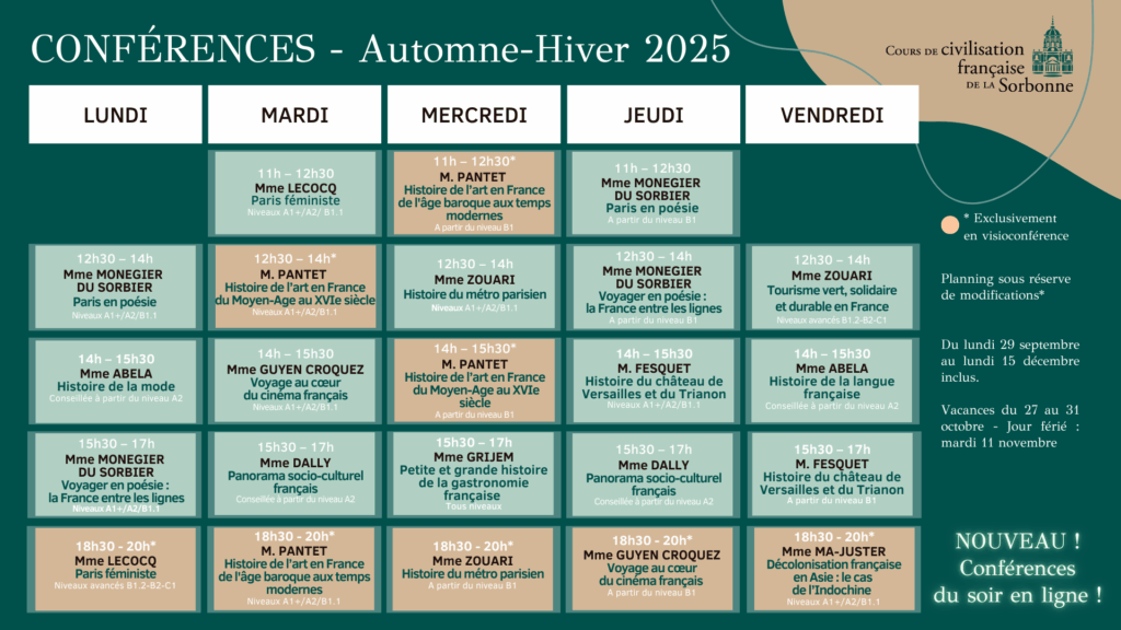Programme conférences de civilisation française fin 2025