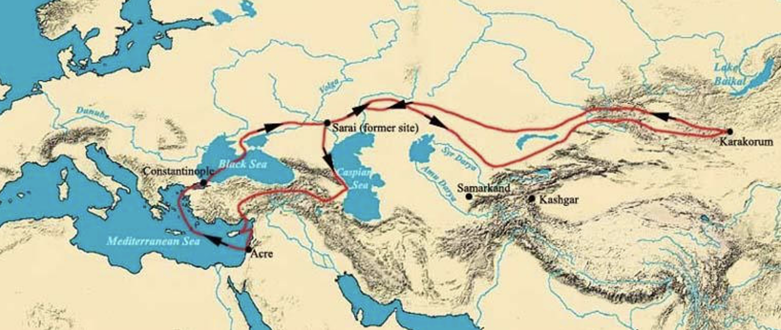 Carte montrant l'itinéraire du voyage de Guillaume de Rubrouck au XIIIe siècle, depuis le royaume franc de Jérusalem jusqu'à Karakorum, la capitale mongole.