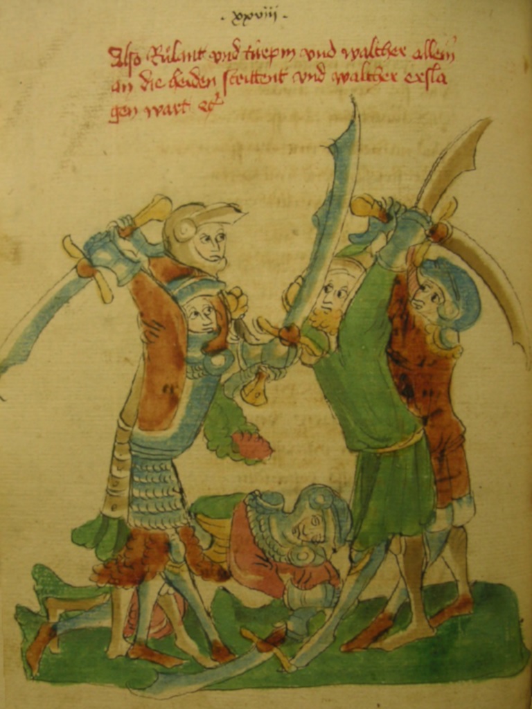 Roland and Turpin at the end of the battle of Roncevaux, manuscript circa 1440