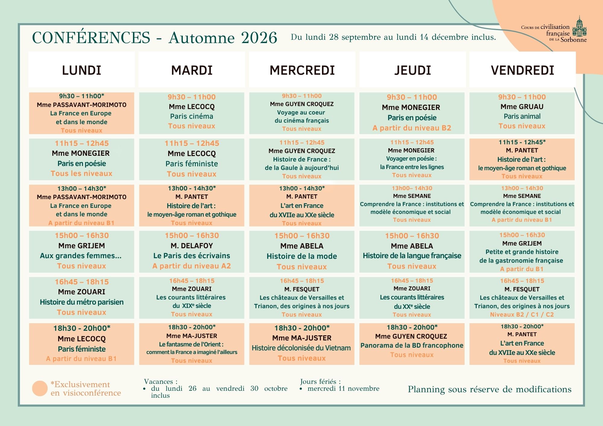 Programme des conférences de civilisation française, automne 2026