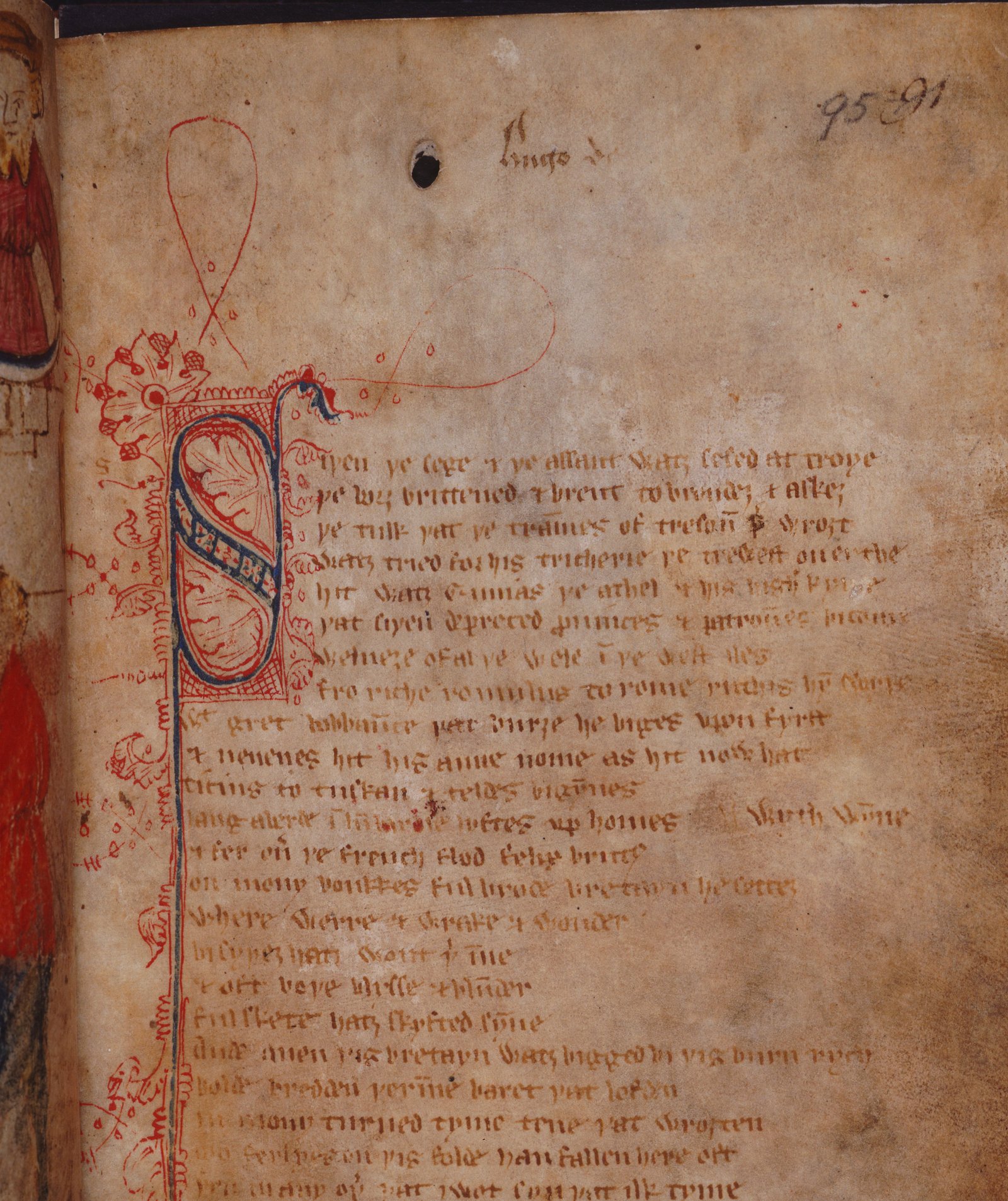 Folio du manuscrit Cotton Nero A.x contenant Sir Gauvain et le Chevalier vert, XIVe siècle